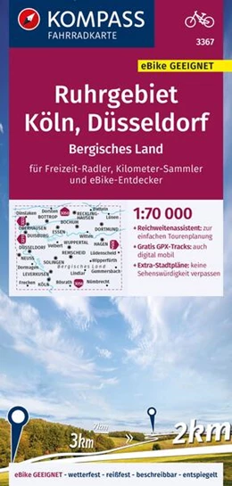 Abbildung von KOMPASS Fahrradkarte 3367 Ruhrgebiet, Köln, Düsseldorf, Bergisches Land mit Knotenpunkten 1:70.000 | 2. Auflage | 2023 | beck-shop.de