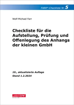 Abbildung von Farr | FARR Checkliste 5 für die Aufstellung, Prüfung und Offenlegung des Anhangs der kleinen GmbH | 10. Auflage | 2024 | beck-shop.de