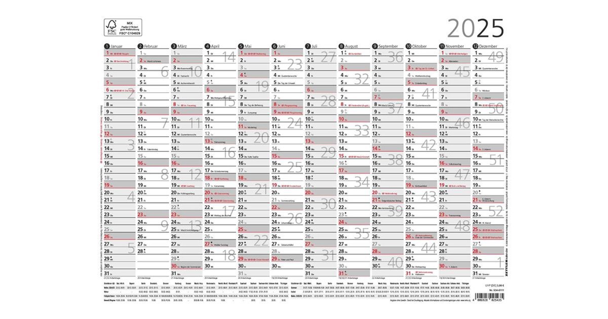 Zettler Kalender Jahresübersicht A4 12M/1S 2025 29,7x21 cm