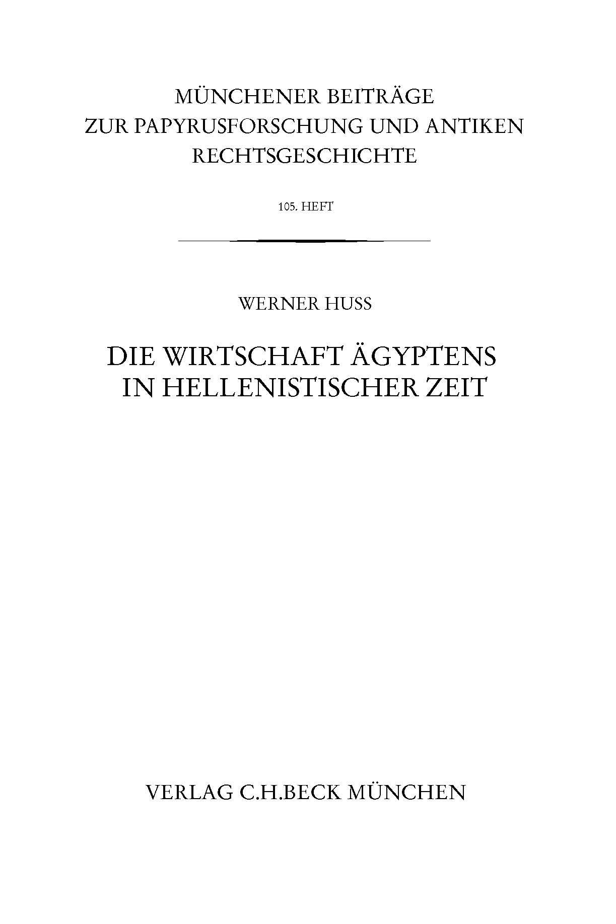 Cover: Huß, Werner, Münchener Beiträge zur Papyrusforschung Heft 105