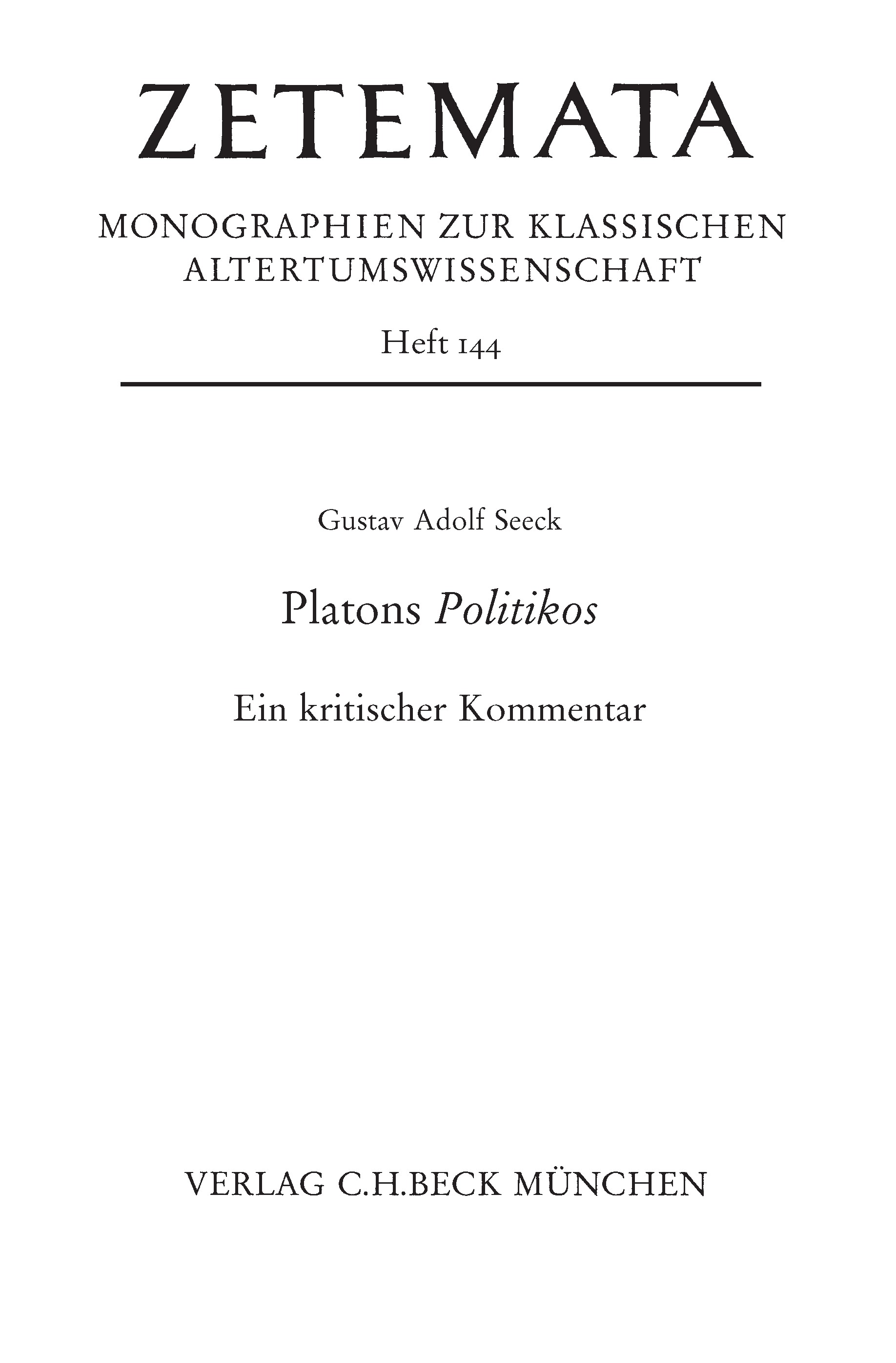 Cover: Seeck, Gustav Adolf, Platons Politikos