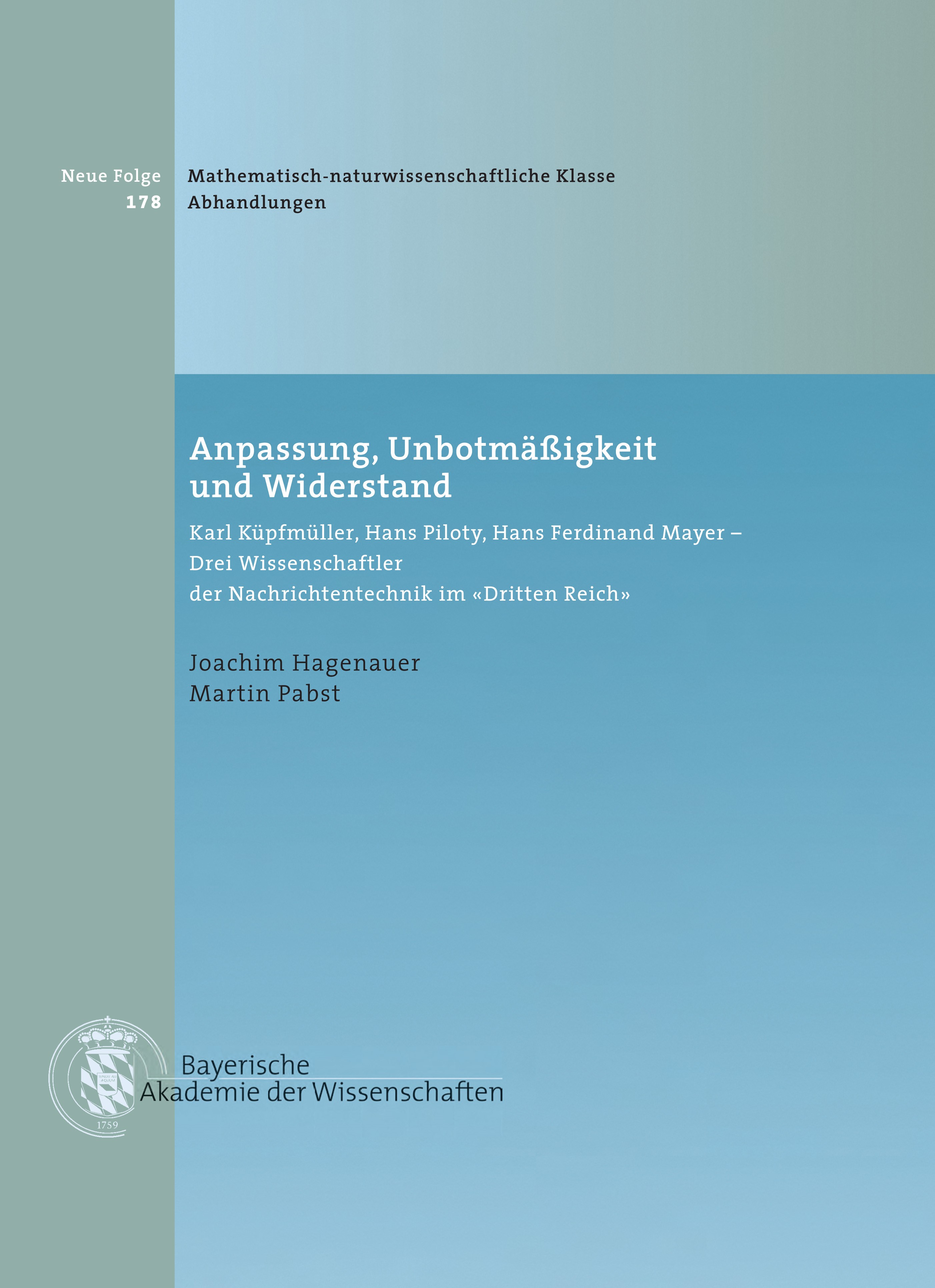 Cover: Hagenauer, Joachim / Pabst, Martin, Anpassung, Unbotmäßigkeit und Widerstand