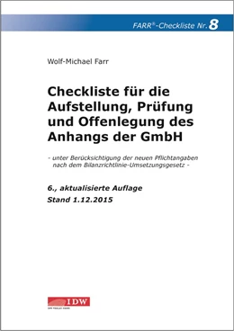Abbildung von Farr | Checkliste 8 für die Aufstellung, Prüfung und Offenlegung des Anhangs der GmbH | 6. Auflage | 2015 | beck-shop.de