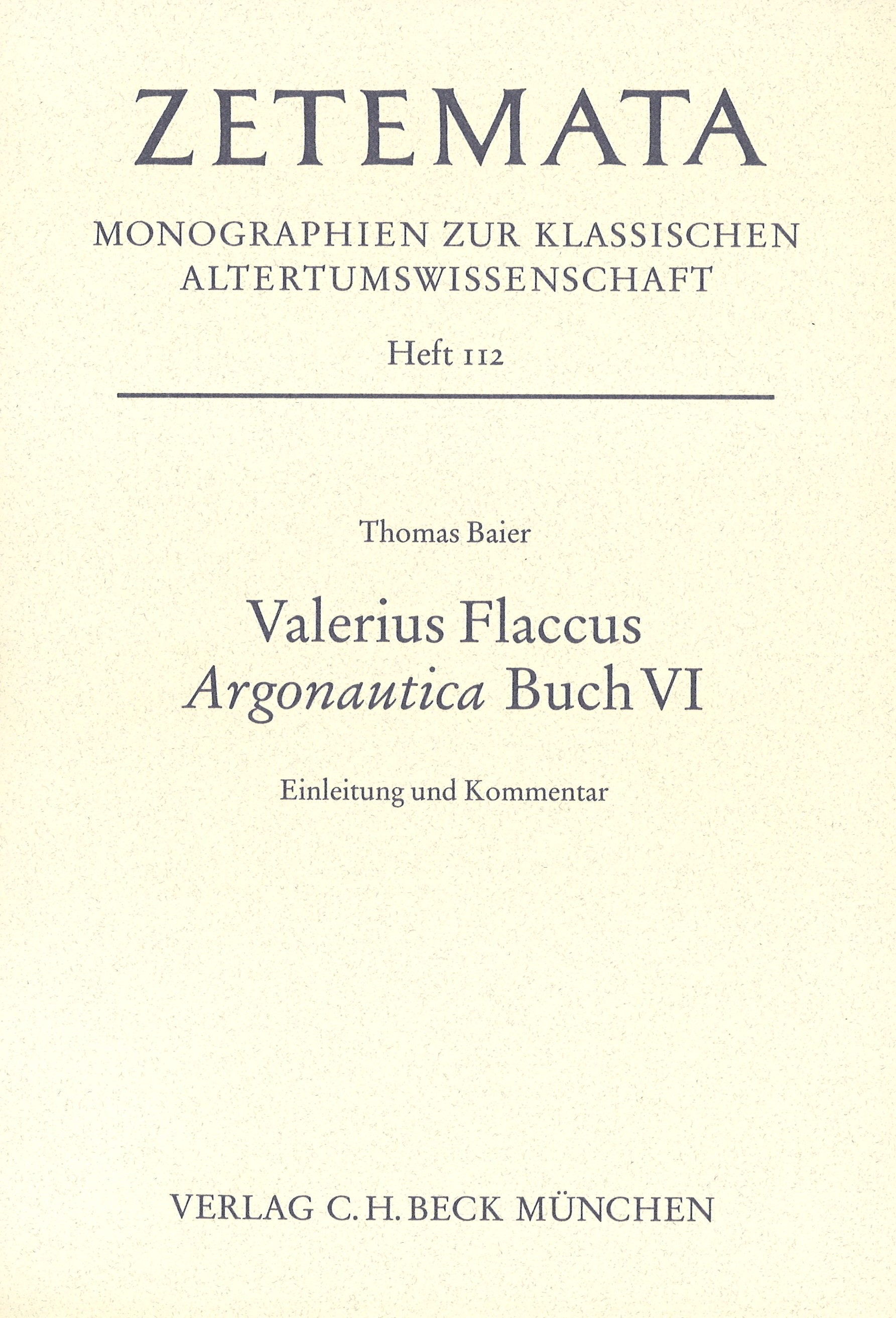 Cover: Baier, Thomas, Valerius Flaccus Argonautica Buch VI