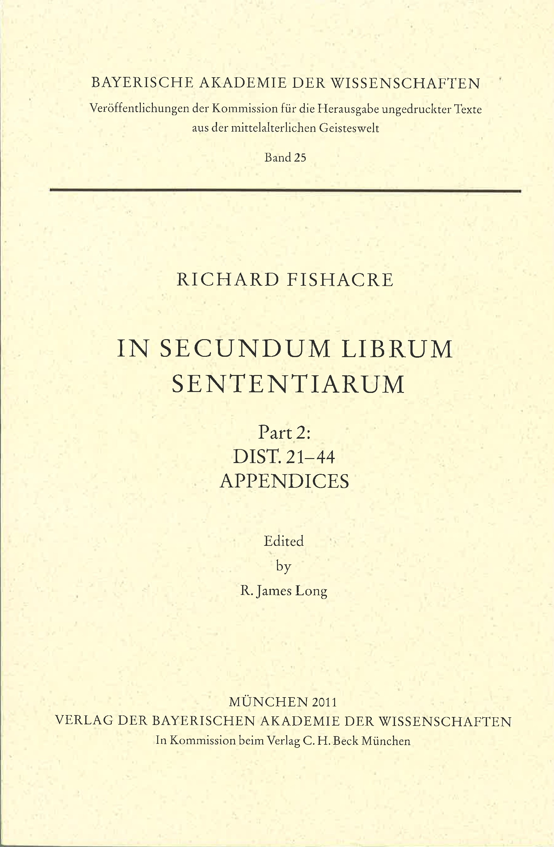 Cover: Fishacre, Richard, In secundum librum Sententiarum